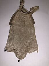 ANTIQUE GORGEOUS WHITING & DAVIS SOLDERED MESH PURSE W/STRAP, STONE SILVER COLOR picture