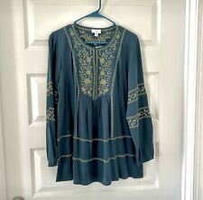 J. JILL 3X Teal Blue Peasant Rayon Top Rayon Viscose Green Embroidered Blouse picture