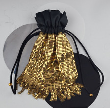 Gorgeous Antique Whiting and Davis Style Gold Mesh & Black Satin Drawstring Bag picture