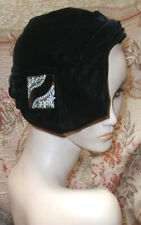 1930s Art Deco G H HODGE Draped Black Velvet Profile Hat w Rhinestone Brooch picture