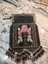 Antique black Floral Glass Beaded Purse Leather Lined Amazing picture