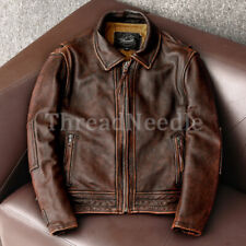 Mens Vintage Style Antique Brown Biker Cafe Racer Real Leather Motorcycle Jacket picture