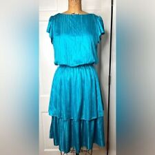Vintage 70's 80's Disco Dress in Silky Teal Flutter Sleeve Retro Soul Train picture