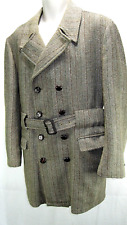British Tweed 40 Brown Herringbone Fur Lined Double Breasted  Coat  w/Belt VTG picture