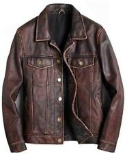 Mens Trucker Brown Real Genuine Cowhide Leather Biker Café Racer vintage Jacket picture