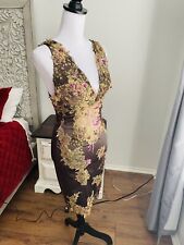 STUNNING MANDALAY COCOA BROWN GOLD LACE BEADED SATIN CHIFFON COCKTAIL DRESS 0 picture