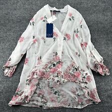 Lola Made in Italy Top Womens Small Ivory Floral Silk Blend Sheer Roll Sleeve picture