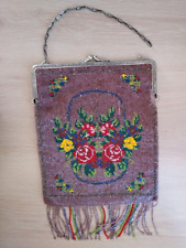Antique Victorian Beaded Purse Purple Red Roses Fringe As Is Needs Repair picture