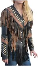 Western Cowgirl Leather Cowhide Jacket Brown Womens Native American Fringe coat picture