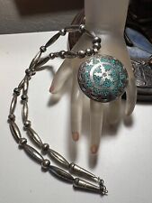 Vintage Navajo Pearls Sterling Silver Turquoise Necklace Chip Inlay Pendant picture