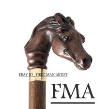 Rare Brass Designer Art Wood Carved Horse Head Handle Wooden Walking Stick Cane picture