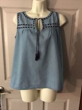 Old Navy Size S Embroidered Blue Chambray Sleeveless Shirt Tassel Tie picture