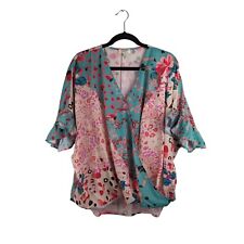 Umgee Womens Faux Wrap Top Size M Floral Multicolor Bright Half Sleeve Flutter picture