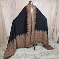 Antique 1800s Victorian Wool Paisley Shawl Wrap Coverlet Large Black 124×60