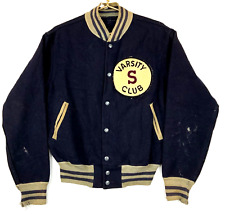 Vintage 30s 40s Varsity S Club Wool Varsity Bomber Jacket Small Blue Distressed picture