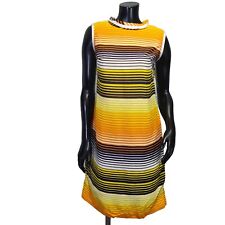 Vintage 60s 70s Handmade S/M Bright Colorful Striped Barkcloth Shift Dress Mod picture