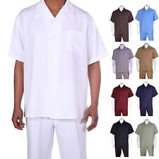 Men's 2pc Walking Suit Short Sleeve Casual Shirt & Pants Set Solid color 2954 picture