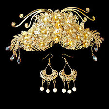 Exquisite Antique Style Golden Flowers Cluster Crown & Earrings Clip On picture