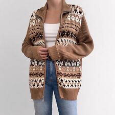 Vintage Earthy Cardigan Sweater Jacket XL Ribbed Full Zip Brown Tan Cream Beige picture