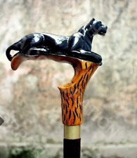 Antique Black Panther Head Walking Stick Hand Carved Wooden Walking Cane Gift picture