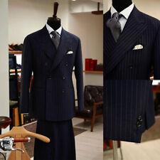 Navy Blue Striped Suits British Style 2 Pieces Double Breasted Business Suits picture