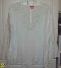 She's Cool White Embroidered Sequined Long Sleeve Top Shirt Tunic SZ 3X CHEST 64 picture