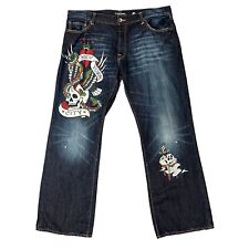 Vintage Ed Hardy Jeans Mens 40 Dark Wash Straight Printed Skull Knife Graphic picture
