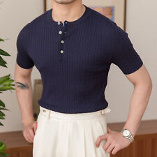 Summer Knitted Mens Vintage Style Short-sleeved T-shirt British Breathable Tops picture
