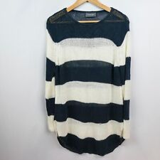 Wooden Ships Striped Open Knit Sweater Sz M Navy Blue Ivory Paola Buendia picture
