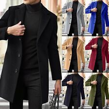 Men Single Breasted Trench Coat Winter Pea Coat Notch Lapel Long Casual Overcoat picture