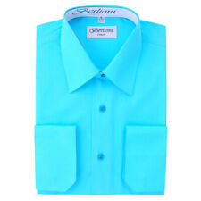 Men's Berlioni Designer Solid Aqua Long Sleeve Convertible Cuff Dress Shirt picture