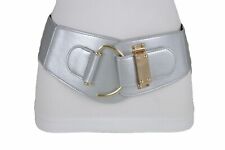 Women Elastic Wide Silver Stretch Fabric Gold Metal Hook Buckle Belt Size L XL picture