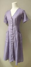 Vintage 70's Does 40's Lavender Linen Button Down Day Dress Pockets XS picture
