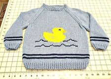 New 3M to 5T Hand Knit Child's Raglan Sleeve Lt. Blue Duckie Pullover Sweater picture