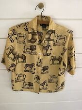 90s VTG ANN MAY 100% Silk Button Down Blouse Sz XS Safari Elephant Zebra Lion picture