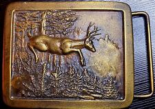 Vintage 1977 Brass Leaping Deer Belt Buckle *Nice Patina* picture