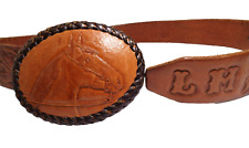 VTG Rare Horse Buckle Made in USA Tooled LM Leather Goods Western Belt Sze S picture