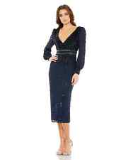 NWT $498 Mac Duggal 93593 Sequin V-Neck Bishop-Sleeve Dress 8 Midnight picture