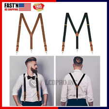 Men's Suspenders Y Back Adjustable Leather Elastic Y-Shaped Hooks Pants Braces picture