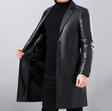Black Long Handmade Stylish Genuine Coat Leather Trench Soft Lambskin Men's Men picture