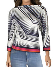 Trina Turk Monteverde Shirt Blue white stripes pullover wide neck 3/4 Sleeves S picture