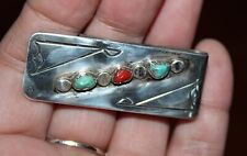 Vintage Navajo Sterling Silver Coral Turquoise Stone Money Clip picture