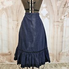Antique 1910s Wool Blue Navy Petticoat Blacl Embroidery Ruffle Hem Midi Skirt picture