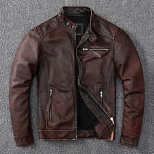 Vintage Brown Coat Classic Biker Style Short Slim Genuine Leather Jacket Men picture