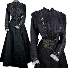Antique 1800s Victorian Black Sequined 2 Pc Dress Gown Blouse Maxi Skirt Gothic picture