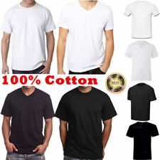 For Men 100% Cotton Thick Basic Tee Casual T-Shirt Crew V-Neck White Black S-4XL picture