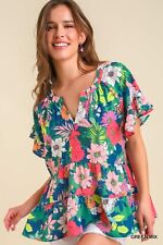Umgee Tropical Floral Split Neck Ruffle Sleeve Top  picture