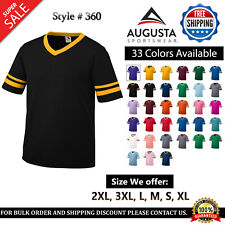 Augusta Sportswear Men's V-Neck Baseball Jersey Tee Striped Sleeves T-Shirt 360 picture