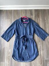 FREE ASSEMBLY Denim Dress Sz L Dark Blue Organic Cotton 3/4 Sleeve VNeck Belted picture