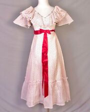 vintage 70s BEAUTIFUL classic White Red Smocked Swiss Dot Dress Ribbon 2/4 picture